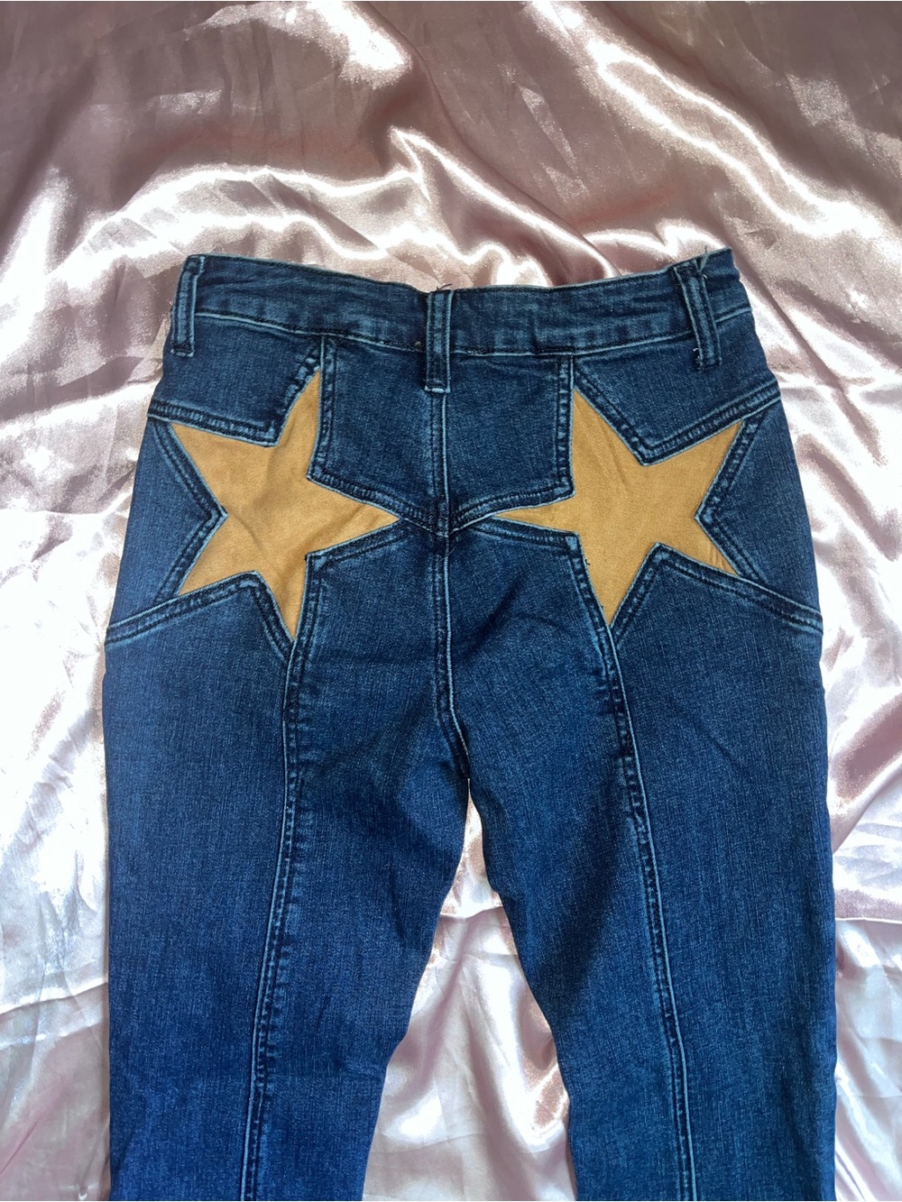 Saints & Hearts Dark Blue Bell Bottom Jeans with Tan Star Back Size Small
